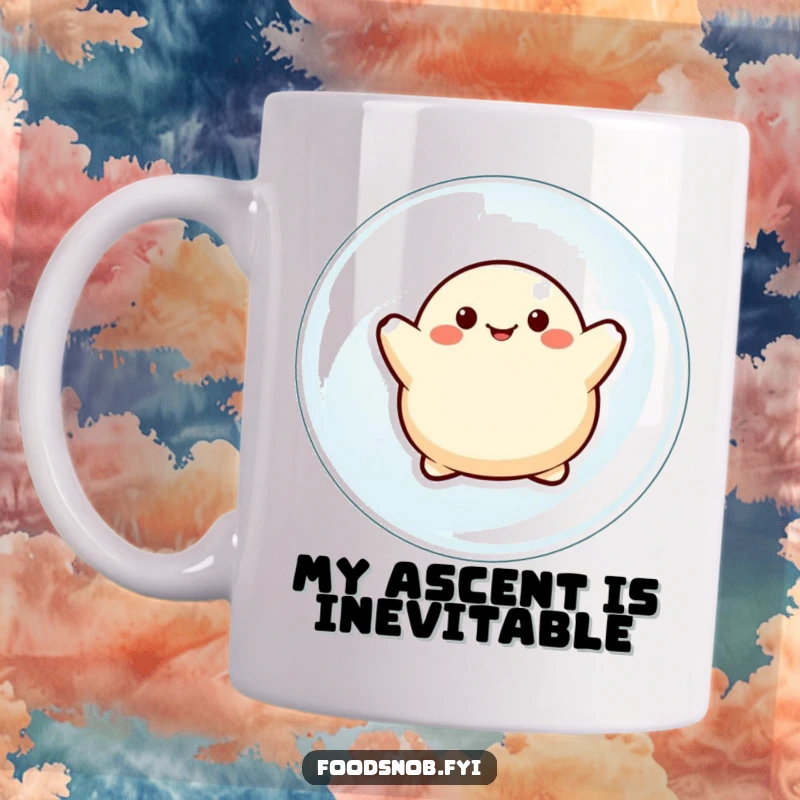Funny mug featuring a delighted dumpling character joyfully ascending on a large, shimmering bubble, embodying pure happiness and whimsy.