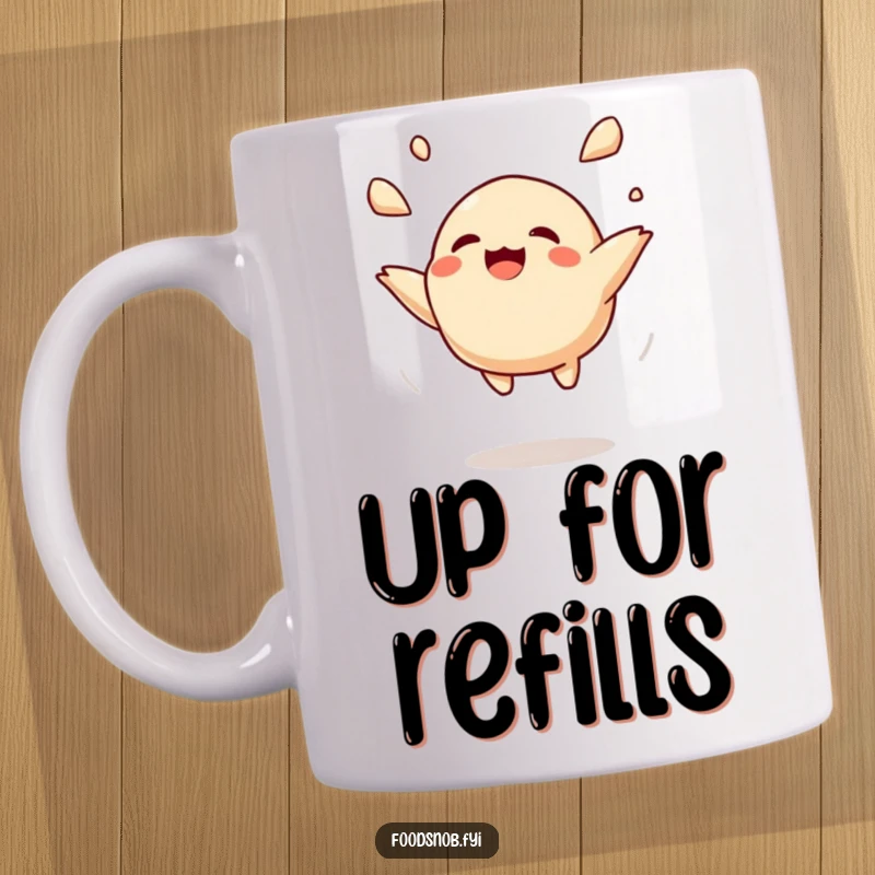 Funny mug showing a happy, giggling dumpling character being tossed joyfully in the air, evoking fun and playfulness.