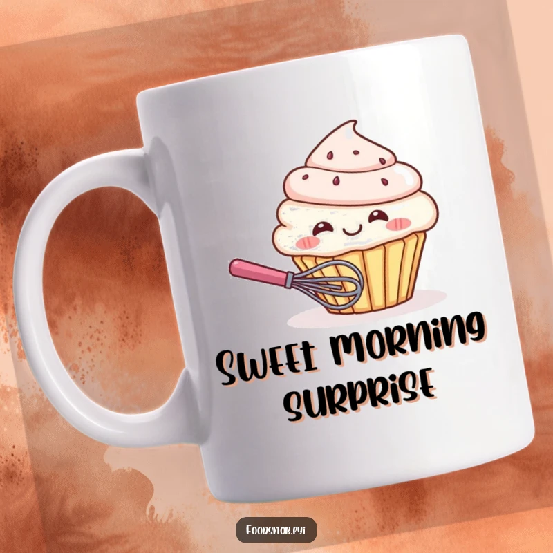 Funny mug featuring a giggling cupcake character playfully peeking from behind a tiny whisk, embodying sweet, humorous shyness.