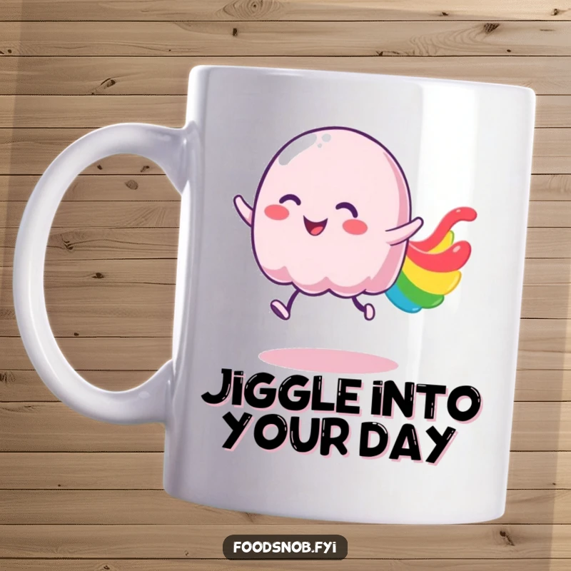 Funny wobbly jelly mug featuring a character bouncing with joy, leaving a vibrant, colorful trail of happiness.