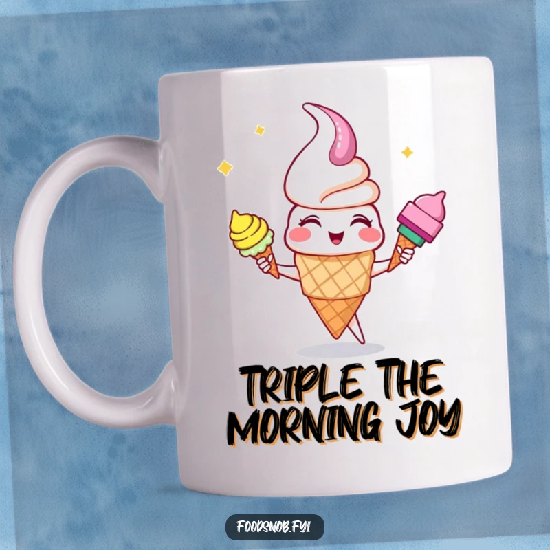 Funny giggling anthropomorphic ice cream cone character expertly juggling three smaller colorful ice cream cones, a humorous delight.