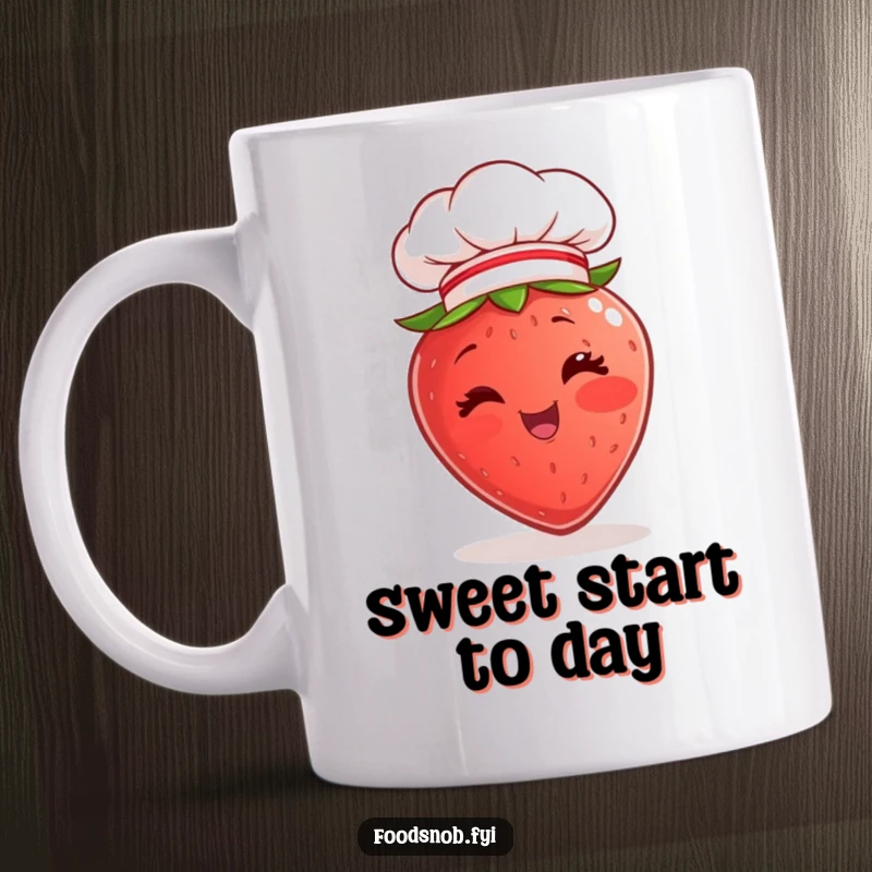 Funny Mug featuring a cheerful strawberry character with a wink, sporting a miniature chef hat, ready to cook up some fun.