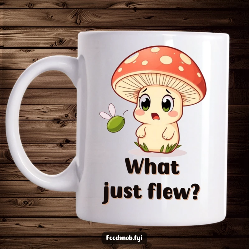 Funny mug depicting a wide-eyed, surprised mushroom character startled by a small olive zooming past its face.