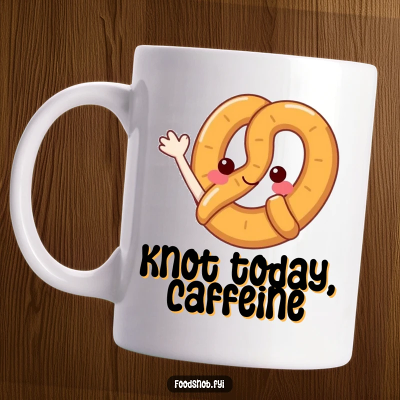 Funny pretzel mug with a cute, anthropomorphic pretzel character joyfully waving with its loop, bringing smiles to snack enthusiasts.