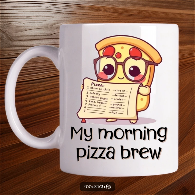 Funny mug showing a cute pizza slice character wearing tiny glasses, studying a detailed recipe scroll with scholarly focus.