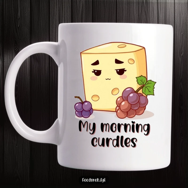 Funny stern cheese mug with a discerning cheese, stern expression, inspecting a tiny grape, ideal gourmet humor gift.
