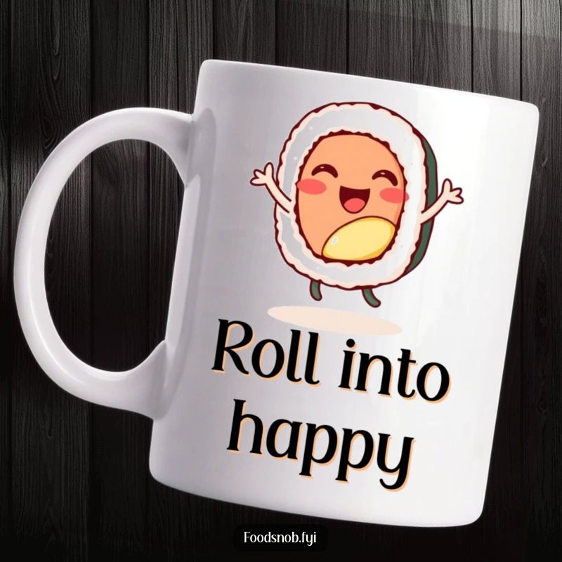 Funny ceramic mug, a cheerful sushi roll character doing a happy little dance, radiating pure joy.