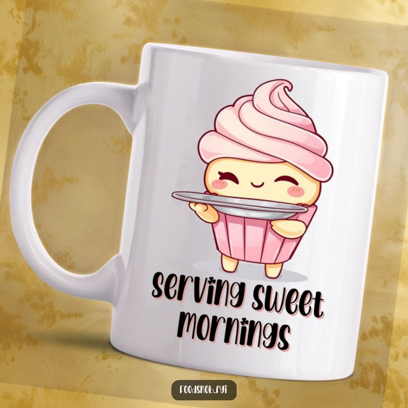 Funny mug featuring a winking cupcake character holding a tiny silver platter, offering a sweet surprise. A delightful dessert-themed design.