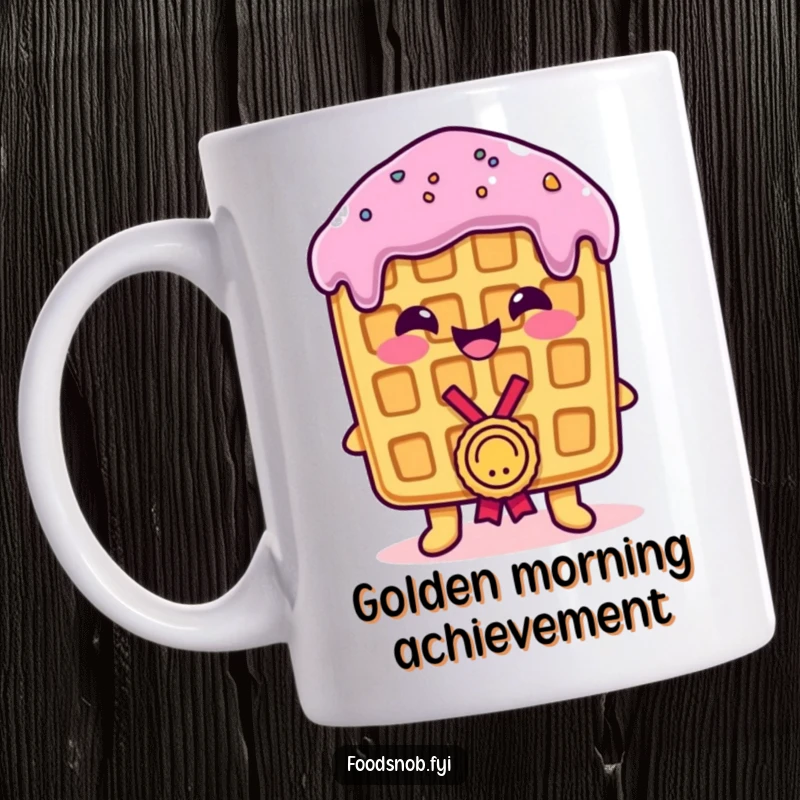 Funny Mug: A smiling, proud waffle receiving a tiny medal, symbolizing achievement and joy, perfect for a funny gift.