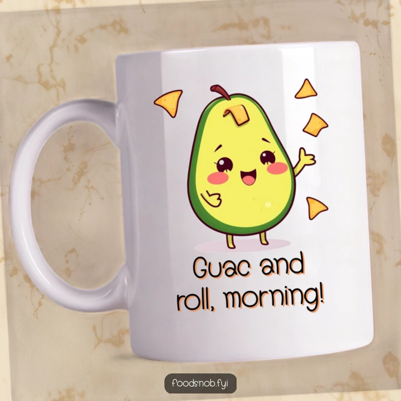 Funny Avocado Mug: A cheeky avocado happily juggles tiny tortilla chips with a joyful expression.