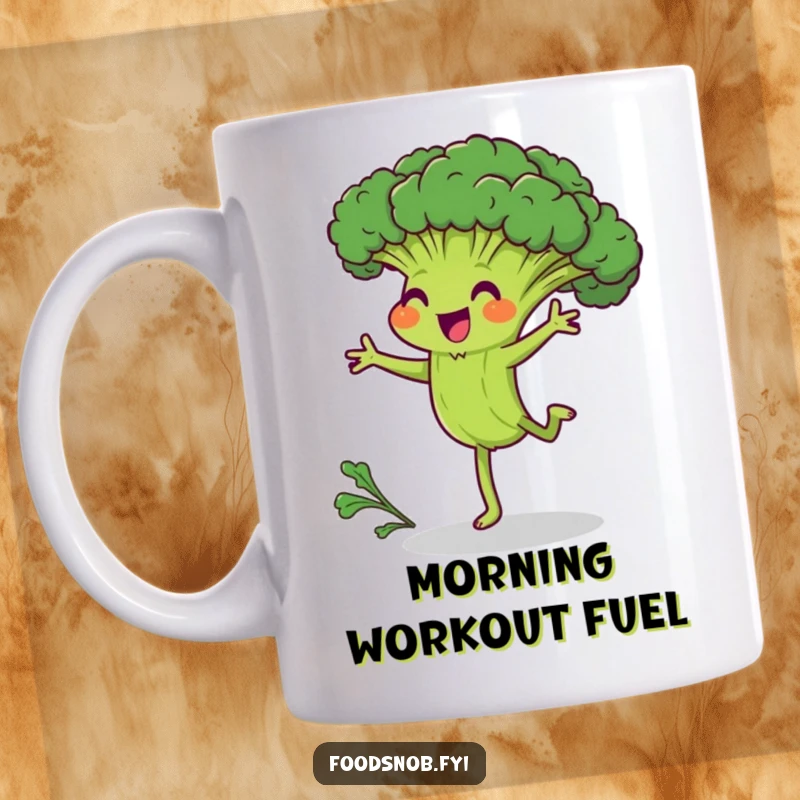Funny mug featuring a joyful broccoli character making a valiant, effortful attempt at a cartwheel, embodying humorous perseverance.