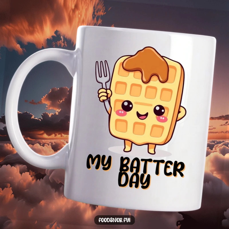 Funny mug featuring a smiling waffle character excitedly pointing upwards with a tiny fork, symbolizing breakfast joy.
