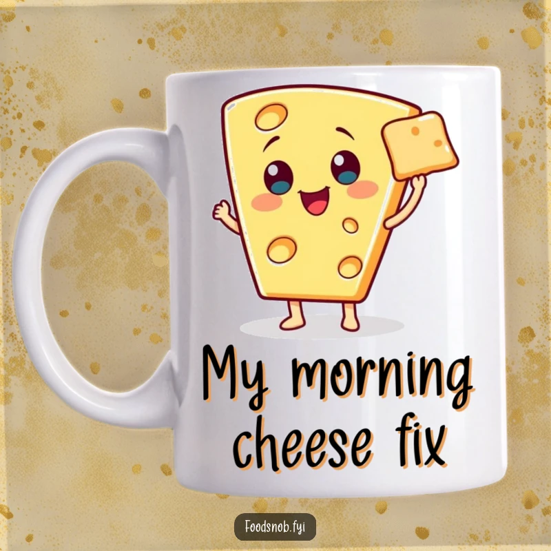Funny mug depicting a cheerful cheese wedge character presenting a single, miniature cracker with an elegant flourish.