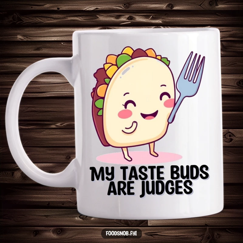 Funny taco mug with a smiling taco on tiny legs, nose-critiquing a small fork, perfect for a hilarious foodie gift.
