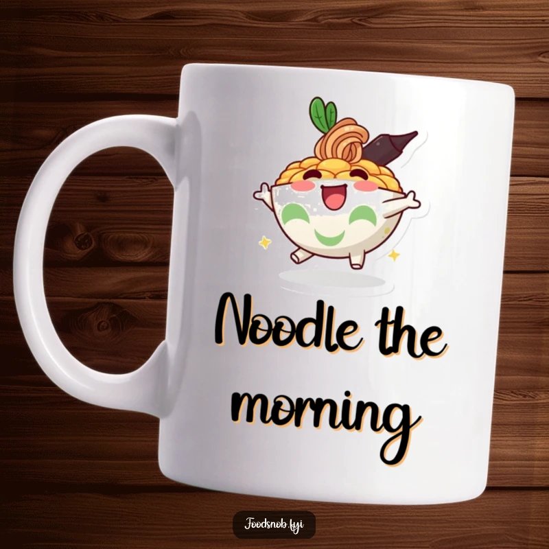 Funny mug showcasing a bubbly, anthropomorphic ramen bowl character bouncing enthusiastically, radiating pure joy and noodle love.