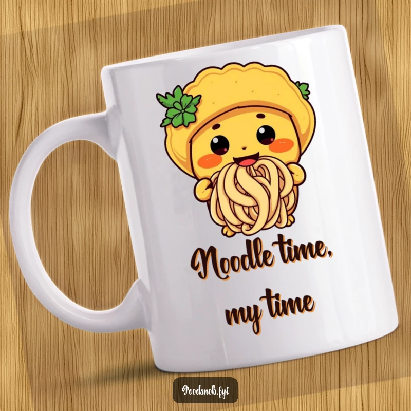 Funny taco mug with an anthropomorphic character happily slurping a giant noodle, eyes wide with delight.