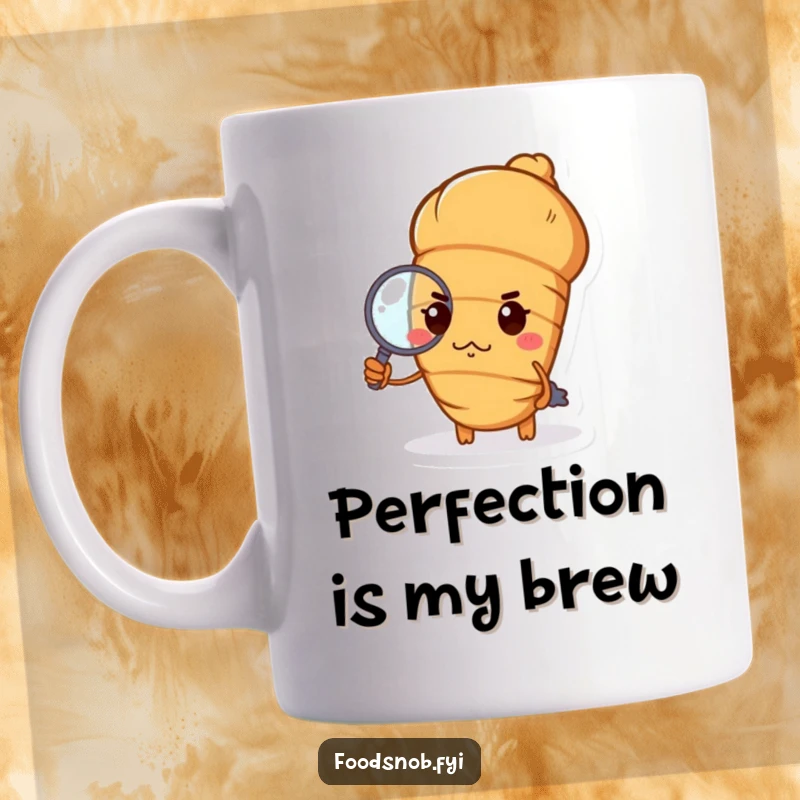 Funny croissant mug with a haughty croissant, pursed lips, holding a tiny magnifying glass, ideal sophisticated humor gift.