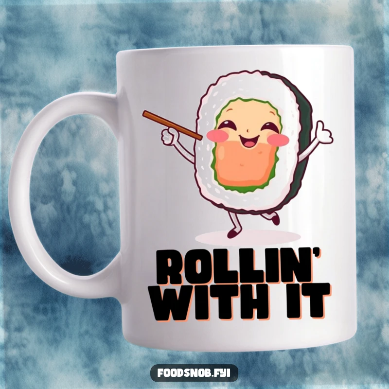 Funny Mug featuring a smiling sushi roll character happily dancing with chopsticks held like props.