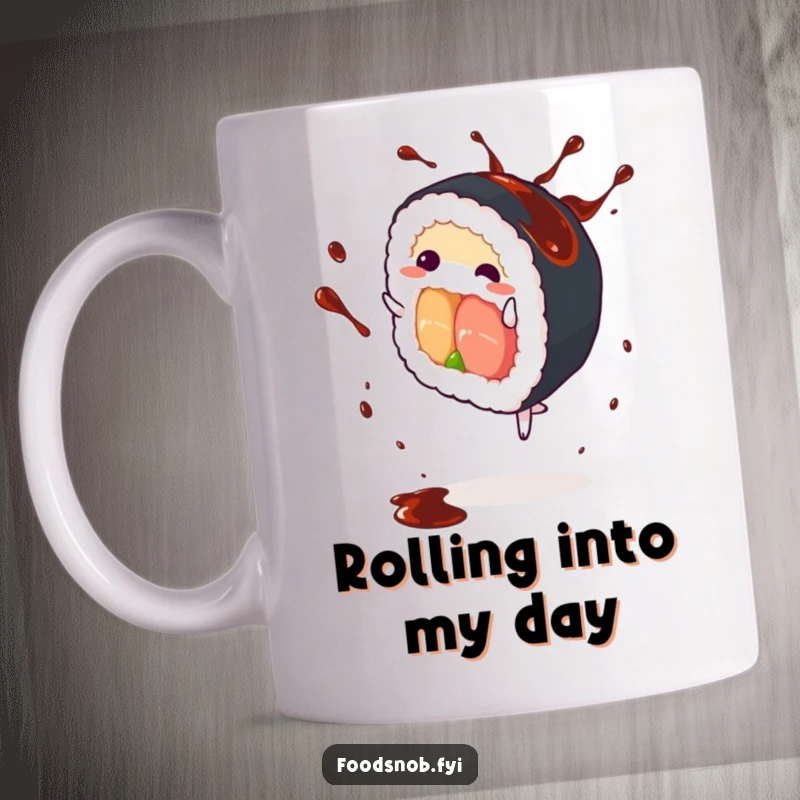 Funny Sushi Roll Mug: A joyful anthropomorphic sushi roll doing a cartwheel with soy sauce splashing, perfect for gifting.