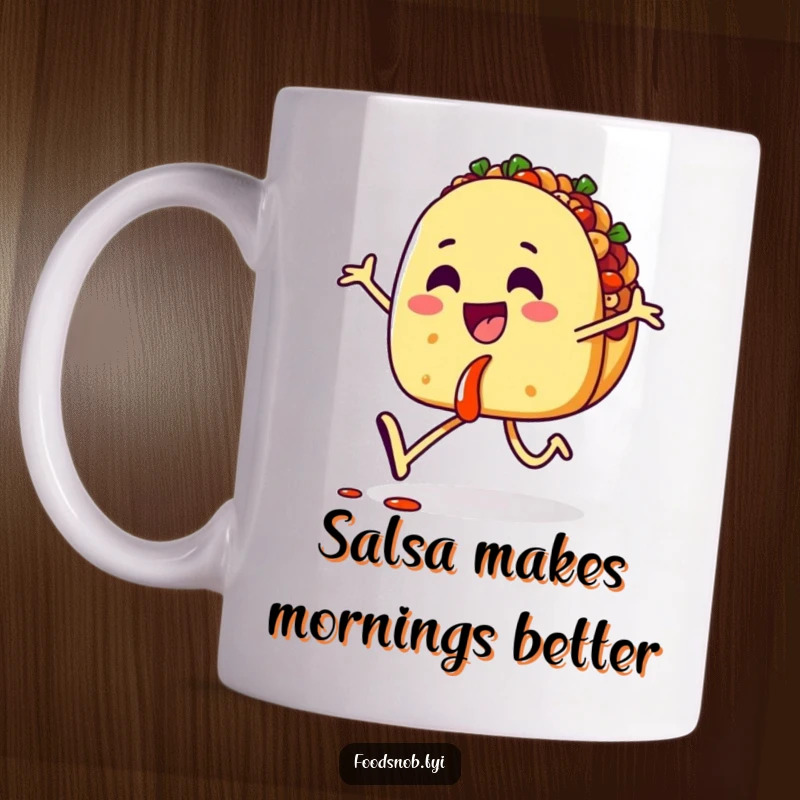 Funny mug featuring a happy taco character joyfully skipping along with a dripping salsa, embodying pure culinary delight.