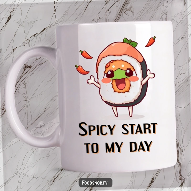 Funny mug featuring a cheerful sushi roll character excitedly juggling small red chili peppers, radiating pure, spicy joy.
