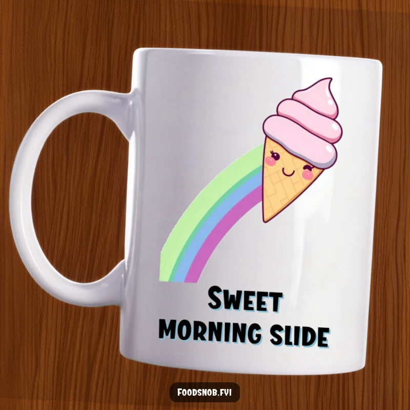 Funny mug with a smiling kawaii ice cream cone joyfully sliding down a colorful rainbow, representing pure happiness and fun.
