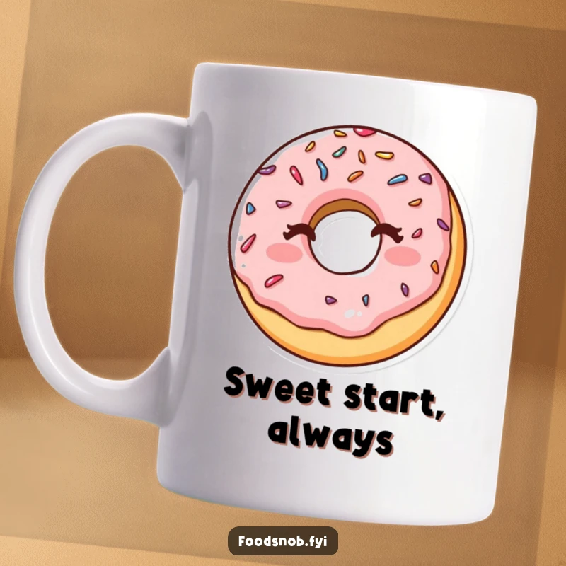 Funny mug featuring a happy donut with sprinkles winking cheekily, embodying playful sweetness and a touch of mischievous charm.