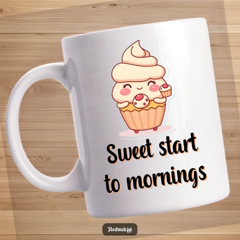 Funny mug depicting a blushing cupcake character offering a tiny perfect pastry, symbolizing sweet gestures and kindness.