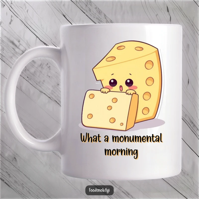 Funny mug with a surprised cheese wedge character peeking over a large, elegant cracker, embodying snack time shock.