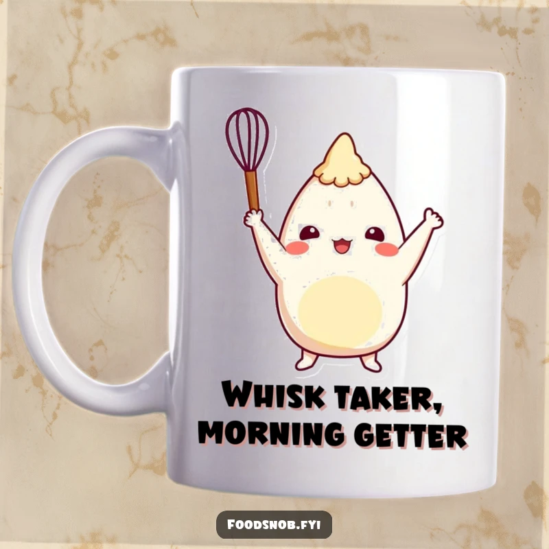 Funny burrito mug with a cheerful character triumphantly raising a tiny whisk, celebrating culinary success with a playful wink.