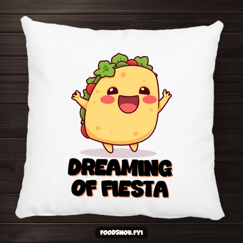 Funny pillow showcasing an excited taco doing a playful little hop upwards, adding a comfortable and humorous touch to any seating area.