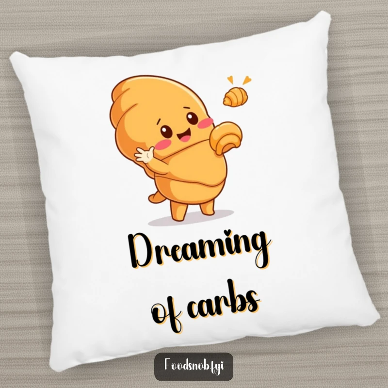 Funny pillow with a cute, smiling croissant character dramatically gesturing to a tiny golden croissant, bringing comfort and comedic charm to any room.