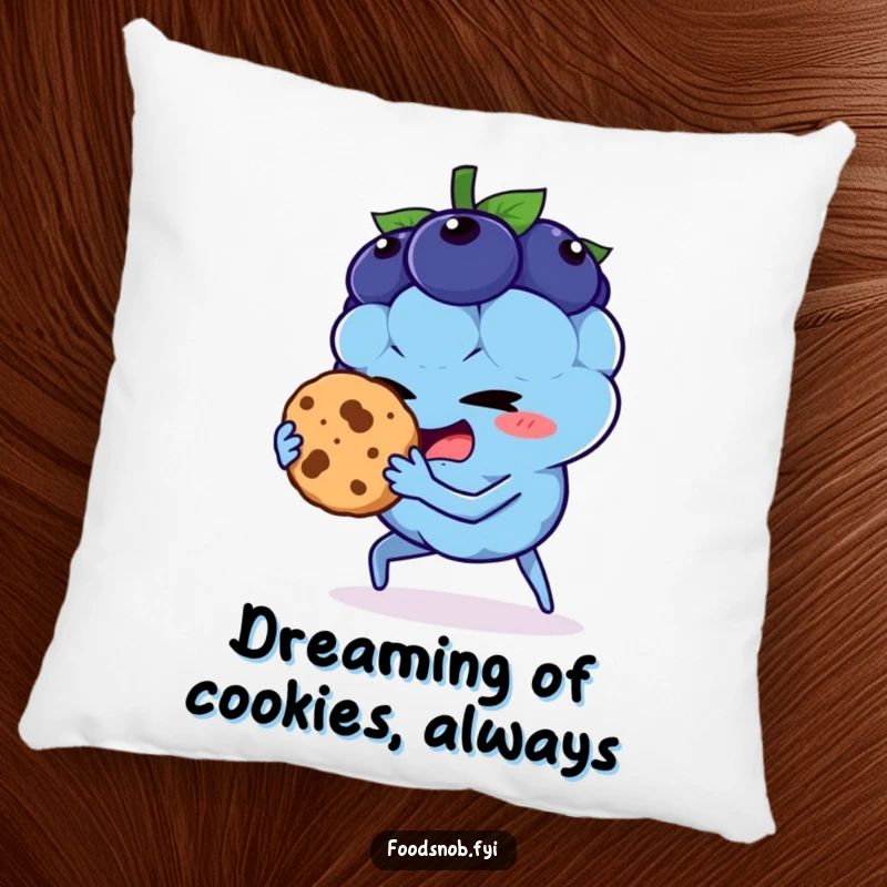Funny pillow showing a blueberry character in the act of stealing a cookie, a humorous and cozy decor item.