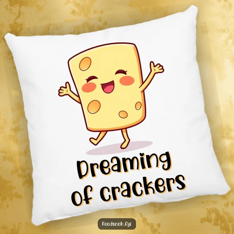 Funny pillow showcasing a smiling cheese slice doing a happy jig, adding a comfortable and humorous touch to any seating area.