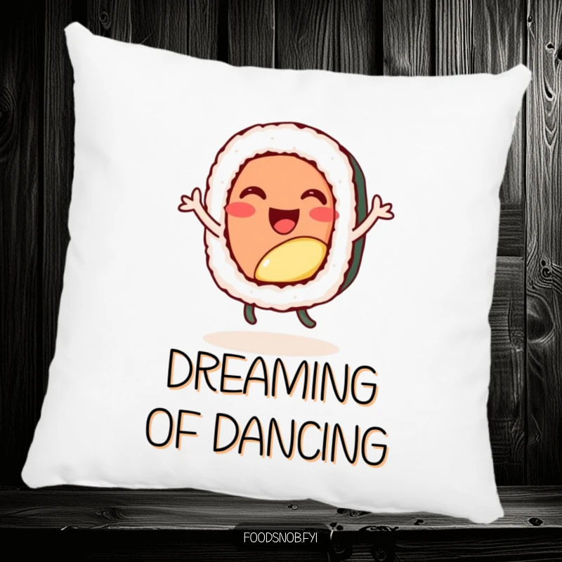 Funny decorative pillow, a cheerful sushi roll character doing a happy little dance, soft and comfortable.
