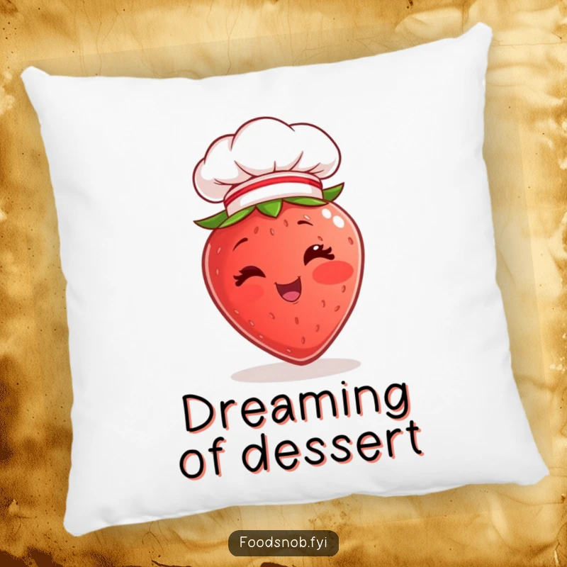 Funny Pillow design of a cheerful strawberry character winking and wearing a miniature chef hat, offering plush comfort and adorable humor.
