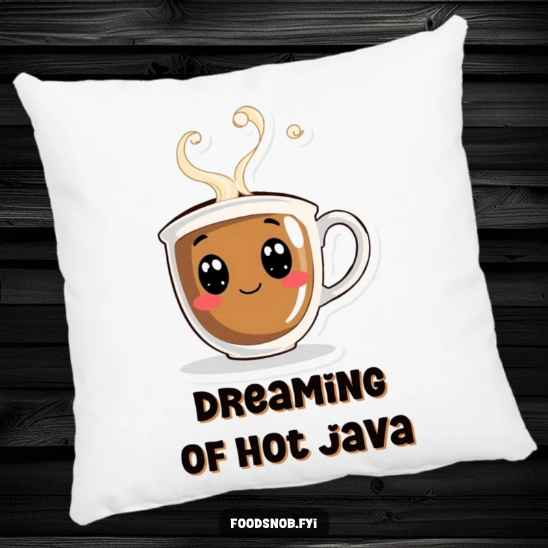 Funny pillow showcasing a curious coffee cup with cheerful steam swirling, adding a cozy and whimsical touch to your decor.