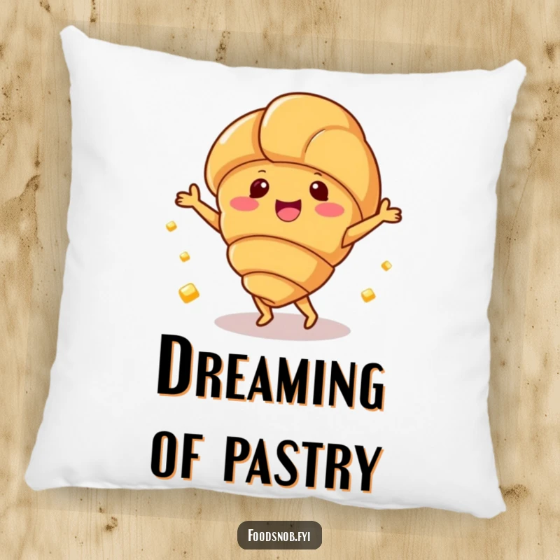 Funny pillow with a happy croissant character dancing with small butter pats, offering comfortable cheer.
