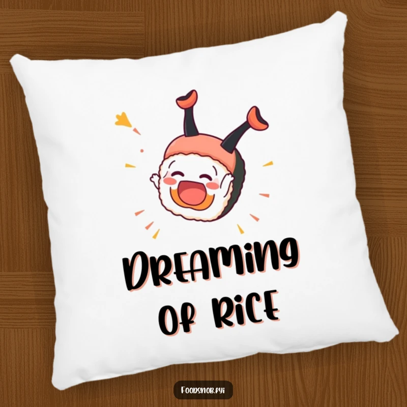Funny Sushi Pillow: A plush pillow depicts an overjoyed sushi piece performing a somersault, radiating pure fun.