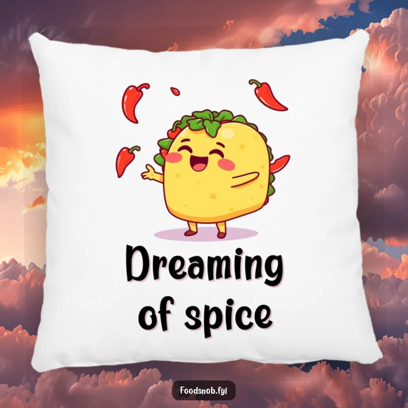 Funny pillow design featuring a cheerful taco character juggling hot chili peppers, adding a fun accent to furniture.