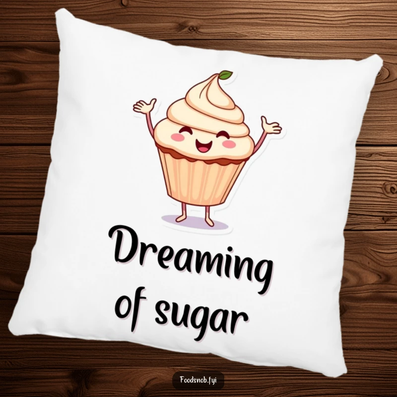 Funny Cupcake Pillow: A plush pillow depicts a smiling cupcake dancing with arms outstretched, radiating joy.