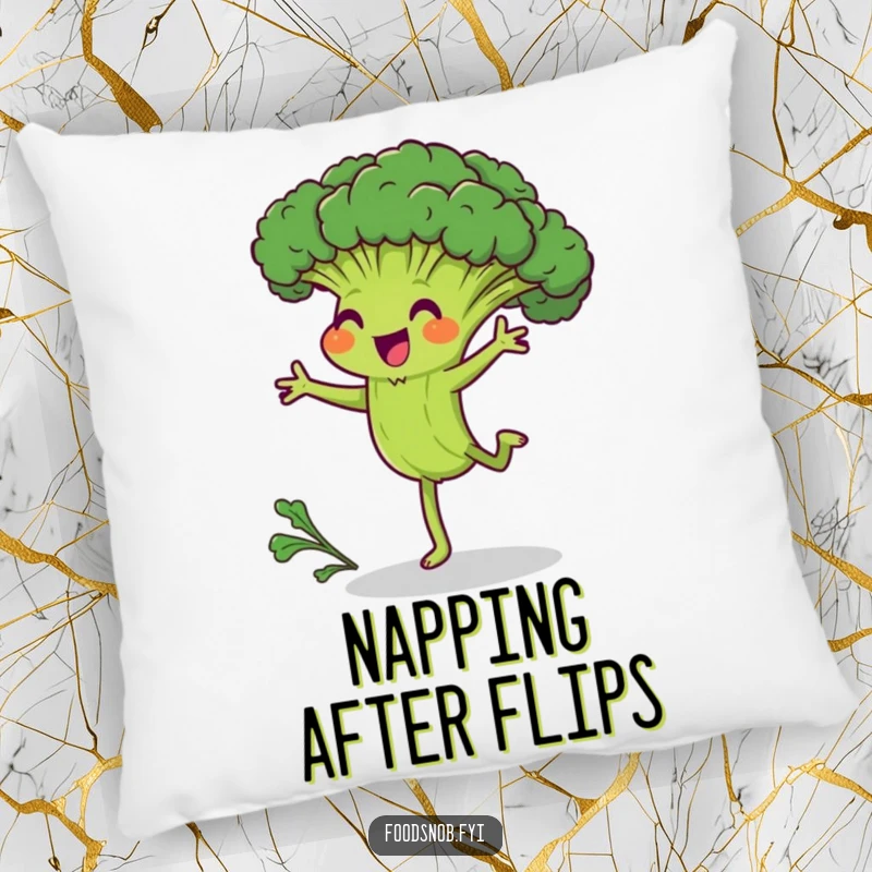 Funny pillow featuring a joyful broccoli character mid-cartwheel, offering humorous comfort and a reminder of the beauty in trying hard.