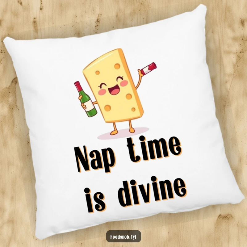 Funny gleeful cheese slice character with a miniature wine bottle on a soft accent pillow, perfect for comfy humor.