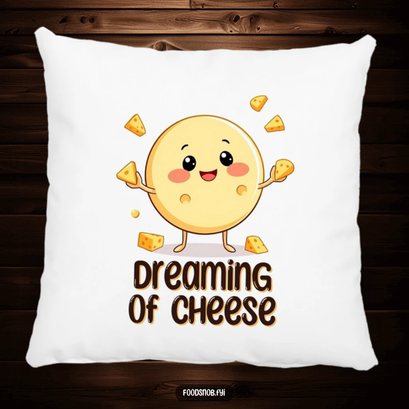 Funny Cheese Pillow: A soft pillow featuring a contented cheese character juggling small cheese pieces, bringing cozy humor to any room.