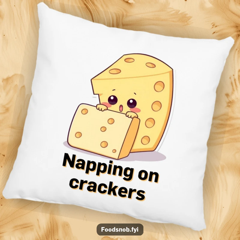 Funny pillow featuring a surprised cheese wedge character peeking over a large fancy cracker, adding cozy snack humor.