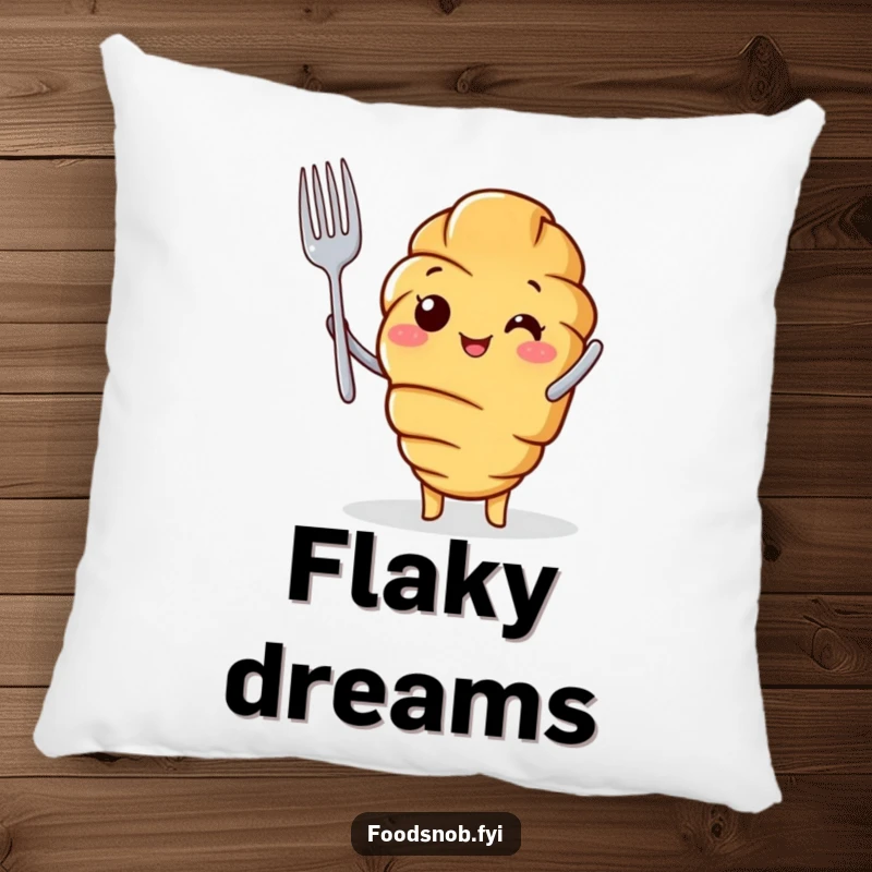 Funny Pillow featuring a croissant character holding a tiny fork in a proud pose. Soft and comforting.