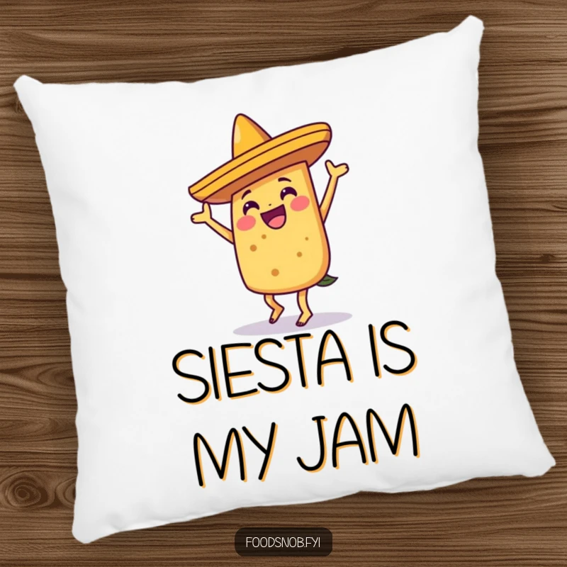 Funny joyful taco character dancing under a sombrero on this soft and humorous decorative pillow.