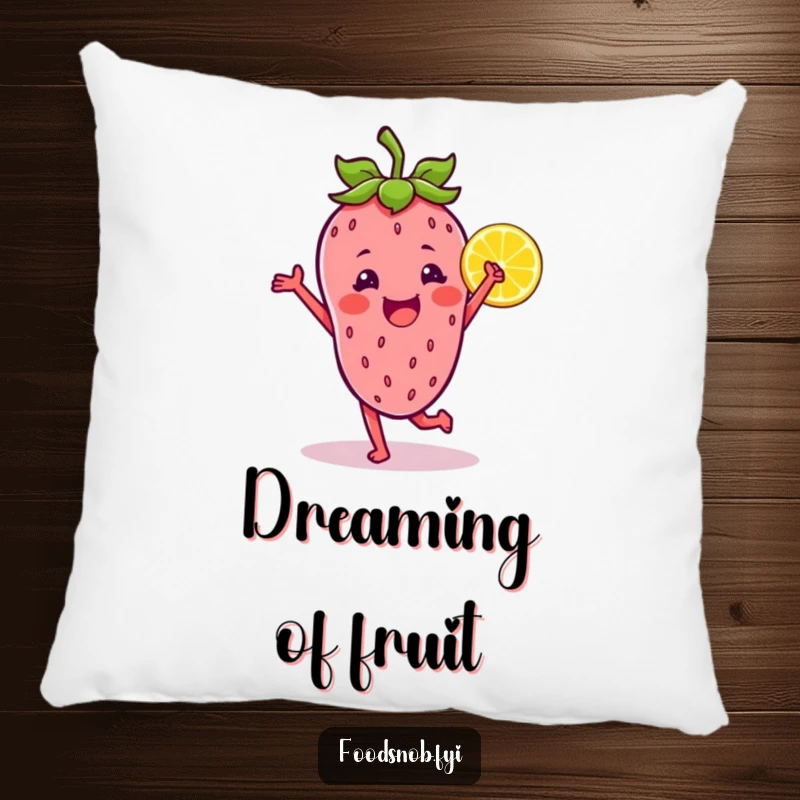 Funny throw pillow showing a strawberry character dancing with a lemon wedge, offering comfort and a dose of happy, fruity fun.