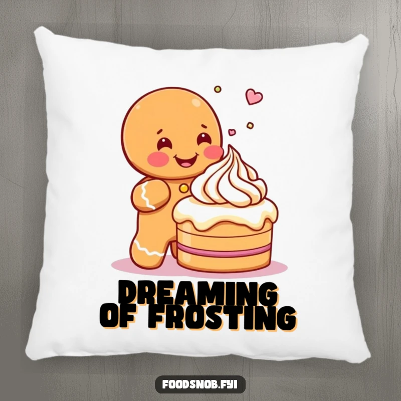 Funny pillow with a gleeful gingerbread man character focused on sprinkling icing onto a miniature cake, bringing baking charm indoors.