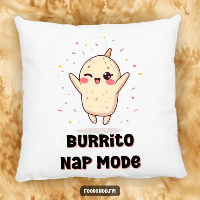 Funny Kawaii burrito pillow, a winking burrito leaping and showering confetti, offering comfort and a humorous, festive touch.